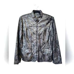 Alfred Dunner Black & Silver Zip up Blazer Top W/ Flap Pockets Croc Print Jacket